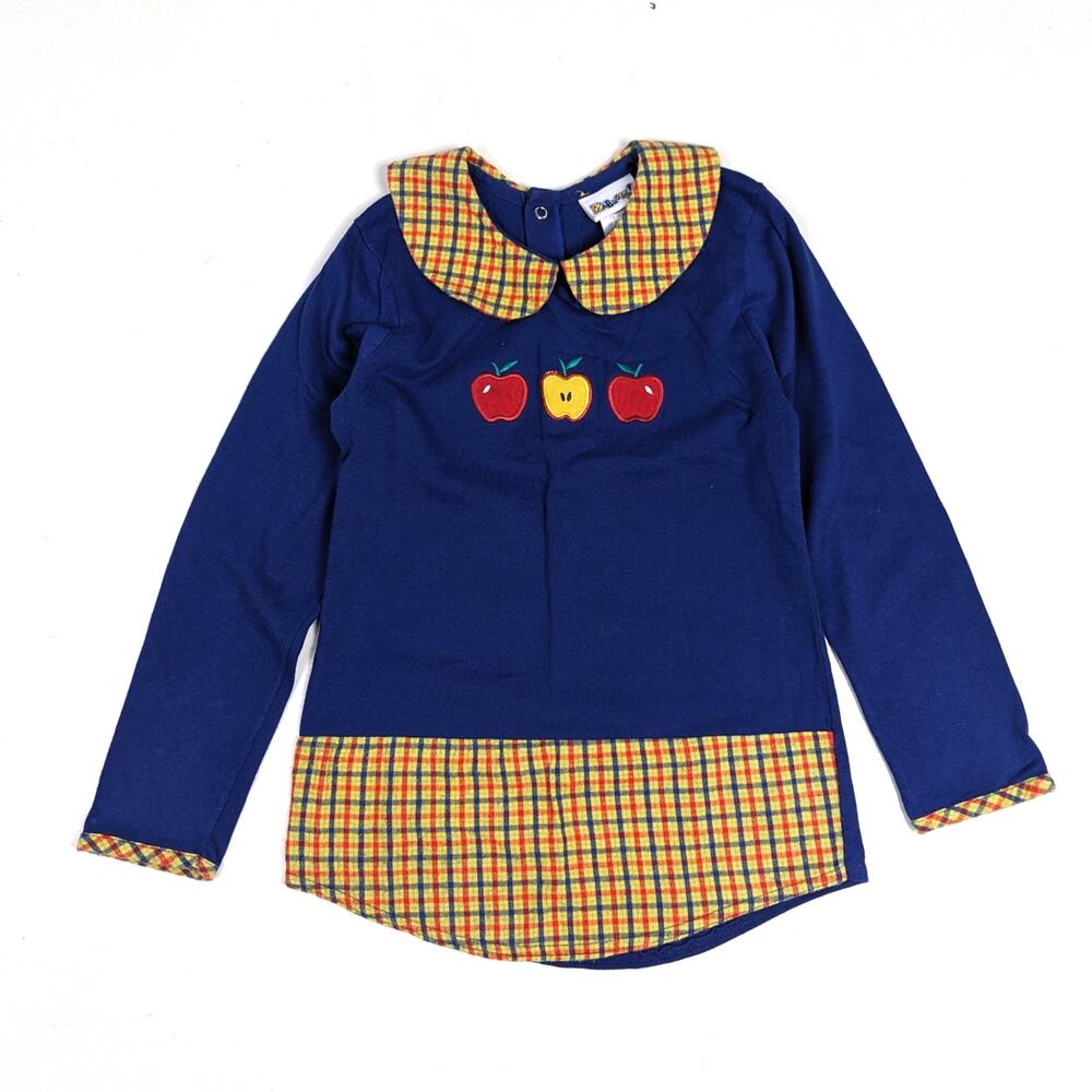 Vtg 90s Kaboom Tunic Shirt Girls Sz Small 4-5T Blue Apple School Plaid